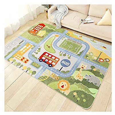 TYKTZXY Kinderteppich Spielen Teppich Straße Auto Tier Universum Blau Grün Grau(80×120cm,31×47inch)