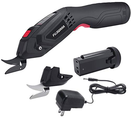 FUJIWARA Electric Scissors, 2 Removable Lithium Batteries and 2 Cutter Blades, Cordless Shears Cutting Tool for Fabrics/Canvas/Carpets/Leather/Cardboard/Other Thin Materials