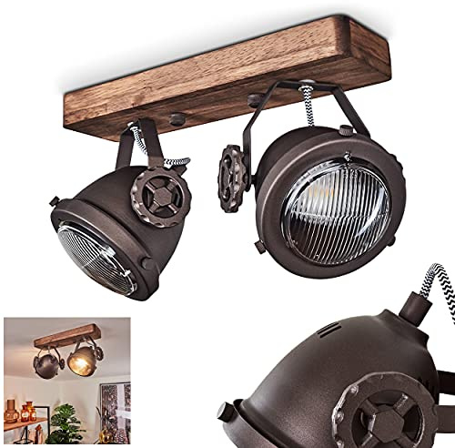 HOFSTEIN Deckenleuchte Herford, verstellbare Deckenlampe aus Metall/Holz/Glas in Braun/Natur/Klar, Leuchte im Industrial/Retro/Vinntage-Design, 2 x GU10, Esszimmmer, Schlafzimmer, Wohnzimmer, Küche