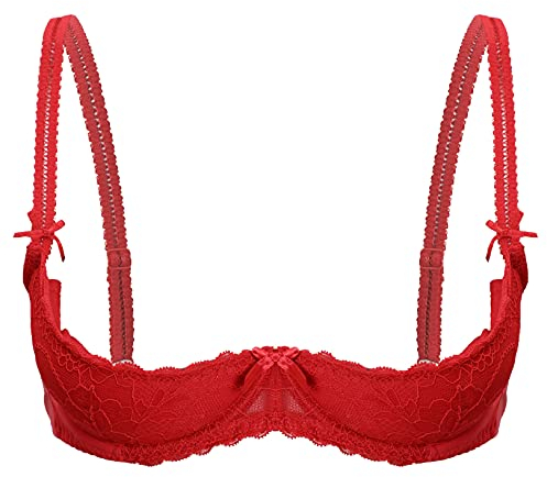 Choomomo Women's Sexy Lace Push Up 1/4 Cups Sheer Bra Top Underwired See Through Bralette Lingerie Red L