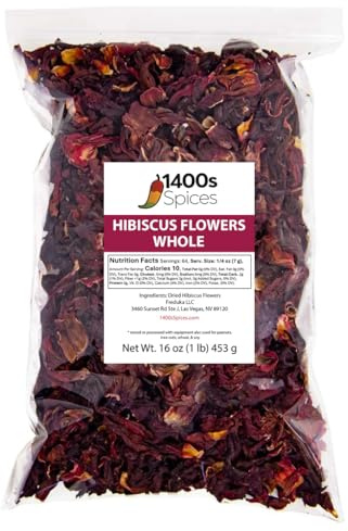 1lb Dried Whole Hibiscus Flowers and Petals, Flor de Jamaica, Sorrel Flower, Zobo Flower perfect for Tea and Mexican Agua Fresca by 1400s Spices