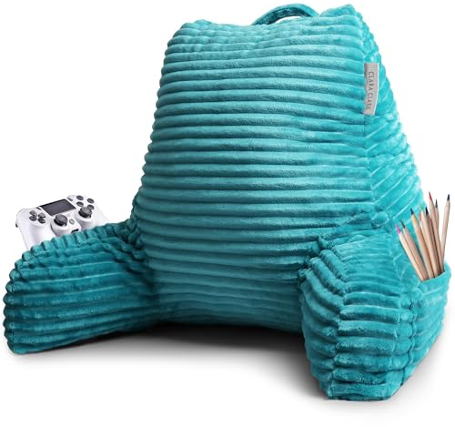 Clara Clark Geschnittenes Plüsch-Lesekissen für Kinder und Jugendliche, mittelgroßes Rückenkissen, Rückenstützkissen, geschreddertes Memory-Schaum, Bettruhe Kissen mit Armlehnen, blaugrün