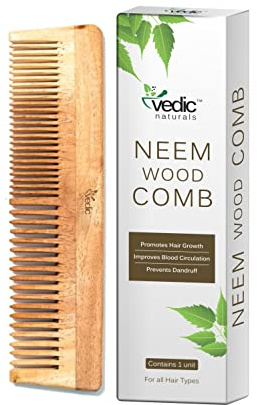 Vedic Naturals 100% Pure Neem Wood Comb for Men & Women | Dual Sided Wide & Fine Tooth Wooden Comb for Hair Growth, Hair Fall & Dandruff Control | Natural Wooden Hair Comb