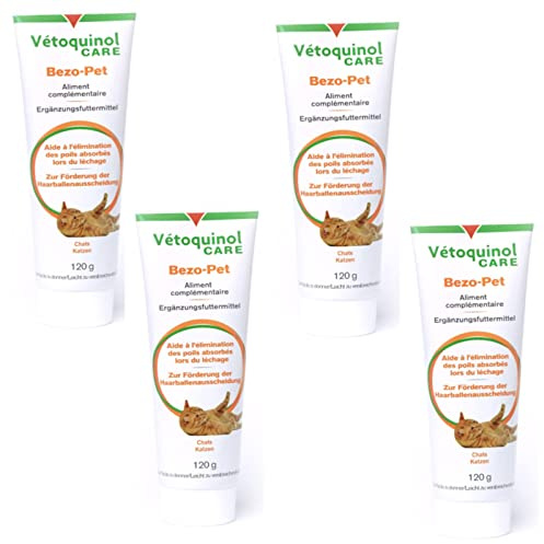 Vetoquinol Bezo-Pet Paste | 4 unidades | 4 x 120 g | Complemento alimenticio para perros y gatos | Puede ayudar a promover la eliminación de la bola del pelo | con malta