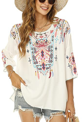 Vakakado Boho Stickerei Bluse Hippie Kleidung Damen 70er 80er Jahre Bekleidung Bohemian Folklore Besticktes Tunika 3/4Ärmel elegant Oberteile, Weiß-M