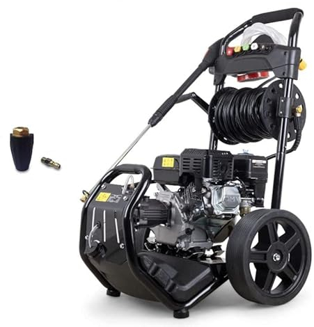 Benzin Hochdruckreiniger 7 PS Flächenreiniger mit 6,5 PS Motor inkl. Dreckfräse | Hochdruck Reinigungsmaschine mit Schlauchrolle