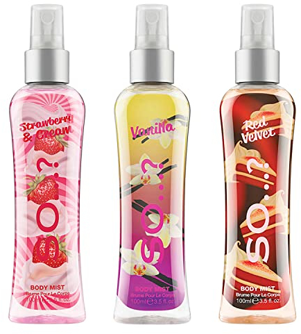Body Mist by So…? Womens Vanilla, Red Velvet, Strawberries & Cream Body Spray Mixed Fragrance 100ml Bundle (Pack of 3)