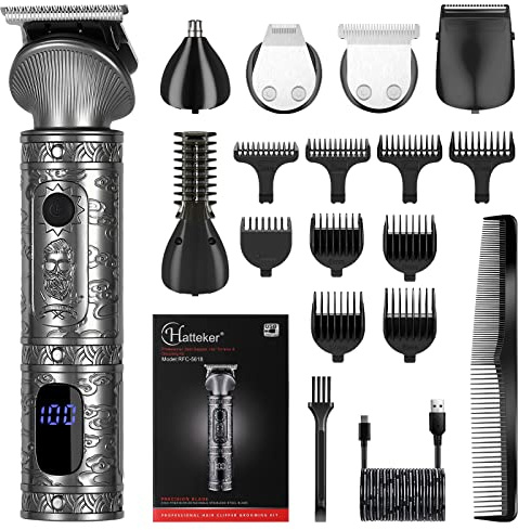 Hatteker Beard Trimmer Kit for Men Professional Hair Clipper T-Blade Nose Beard Hair Shaver Nose Hair Cutting Kit Body Grooming Cordless 6 in 1