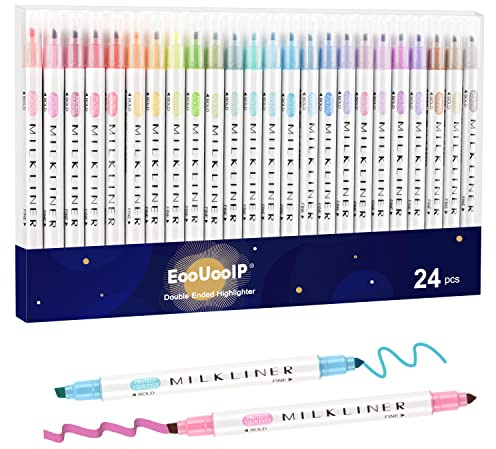 EooUooIP Subrayadores, 24 Colores Subrayadores Pastel, Marcadores Fluorescentes con punta Fina y de Cincel, Rotuladores Pastel para Bullet Journal, Biblia, Notas, Planificador