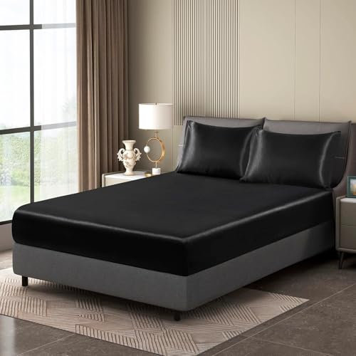Luowei Satin Spannbettlaken Boxspringbett 200x200cm Sommer Bettlaken Schwarz Seidig Seide Kühlend Microfaser Spannbetttuch 200x200 Weich Maschinenwaschbar für Hohe Matratze bis 25-30 cm