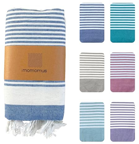 MOMOMUS Fouta XXL o Fina Manta de Pícnic Playera - Ligera, con Flecos, A Rayas - Toalla/Esterilla de Playa Grande, Manta de Playa Antiarena - Azul, 210x240 cm