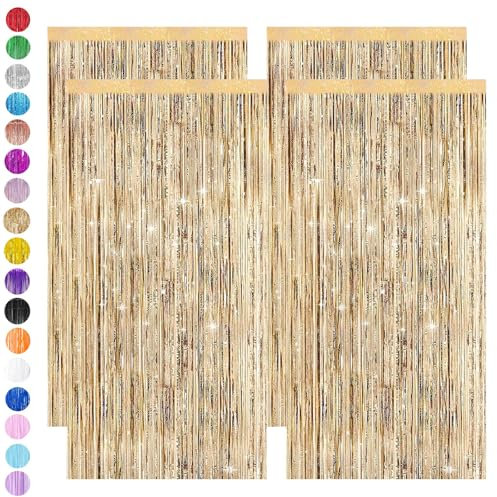 Champagne Gold Tinsel Curtain Glitter Party,4pcs 3.2ft x 6.5ft Foil Curtain Decorations,Foil Fringe Streamers Metallic Tinsel Door Hanging Foil Flow Silk Streamers for Birthday Wedding Holiday Party