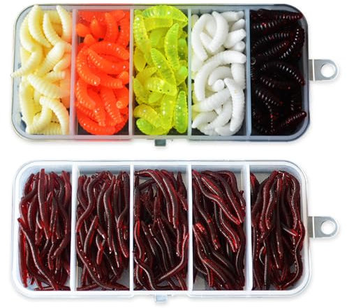 350 Stück Künstliche Köder Würmer Fisch, Maden Angeln Wurm Set Forellenköder Angel Köder Weiche Kunststoffwürmer Künstlicher für Fischen auf Störe Bassforelle 150 Mehlwürmer 200 Regenwürmer