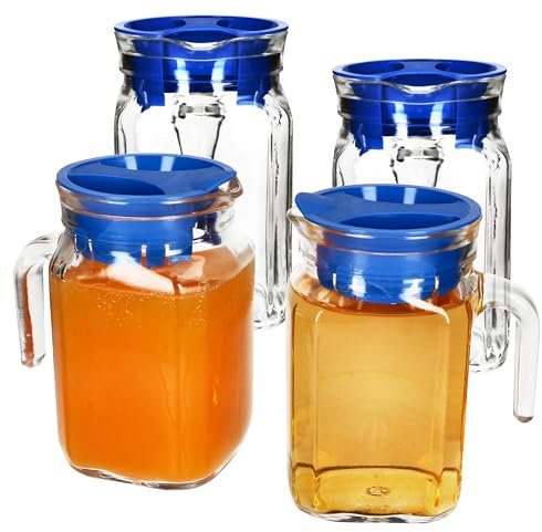 MamboCat Kora Lot de 4 pichets de réfrigérateur avec couvercle en plastique bleu I 0,5 l I Carafe carrée en verre avec bec verseur et anse pour thé glacé, eau, jus, lait, etc.