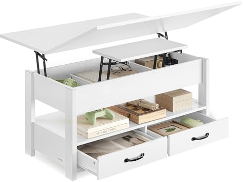 VASAGLE Mesa de Centro, Regulable en Altura, con Pistón de Gas, 2 Cajones y 3 Compartimentos Bajo el Tablero, Mesa de Café con 1 Compartimento Abierto, para Salón o Estudio, Blanco Nieve LCT254W02