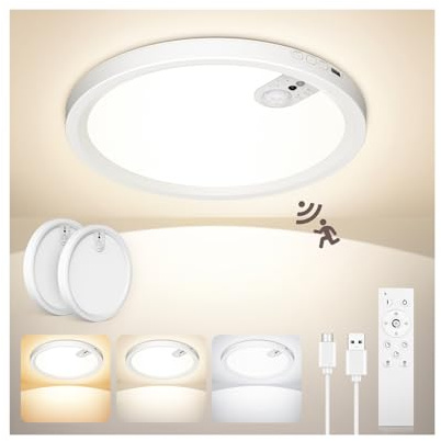 Uwithm 2PCS Recargable Plafon LED Techo con Sensor de Movimiento Ø22CM | 7000mAh Batería 3 Temperaturas de Color, Regulable en Brillo, con Control Remoto Temporizador para baños, pasillos, garajes