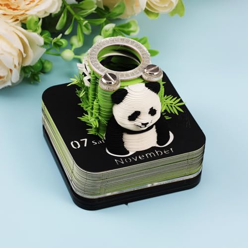 Calendrier 3D 2026 à déchirer - Calendrier de bureau 365 jours avec lumières et socle - Utilisez des sculptures en papier d'art Time Piece Calendar pour cadeaux créatifs pour Noël (porte-stylo Panda)