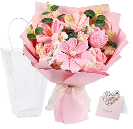 Plukers 18Pcs Handmade Crochet Flower Bouquet Knitted Yarn Flowers with Bag & Card, Artificial Rose Daisy, Birthday for Mom from Daughter and Husband Pink
