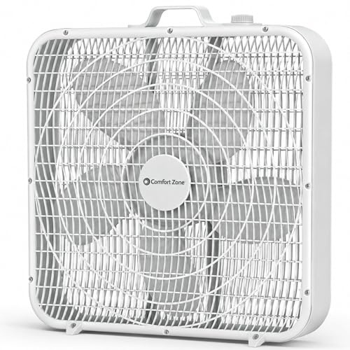 Comfort Zone Box Fan with Carry Handle, 20 inch, 3 Speed Full-Force Air Circulation Window Fan, Bedroom Floor Fan with 5 Blades, White Noise Cooling Fan, White