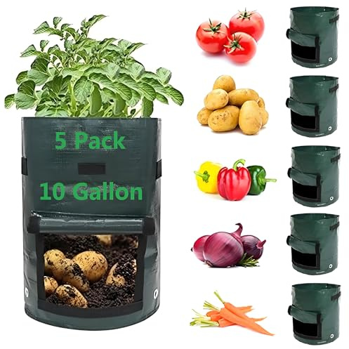 YOQXHY Potato Grow Bags,(5 Pack 10 Gallon) Garden Vegetables Growing Planter with Handles and Access Flap for Planting Potato Carrot Onion Taro Radish Peanut, (Dark Green)