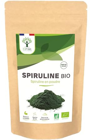 Spiruline Bio - 65% Protéines 14% BCAA 17% Phycocyanine Fer - Energie Sport Immunité - 100% Pure en Poudre - Bioptimal Marque Française -Conditionné en France - Certifié Ecocert - 100 g