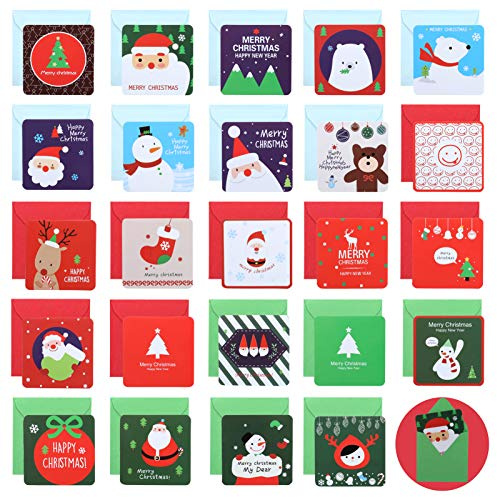 Naler 24 Mini Biglietti d’Auguri di Natale 24 Disegni Diversi Biglietti di Buon Natale con 24 Buste e Natalizi Biglietti d’Auguri per Bambini, Amici, Familiari, 7X7CM
