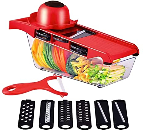 Mandoline Gemüsehobel,Mutischneider Gemüsehobel,6 Edelstahl Klinge,Gemüse Küchenhobel Gurkenhobel Reibe Für Gemüse - Zum Würfeln/Scheiben/Reiben/Hobeln/Raspeln (Rot)