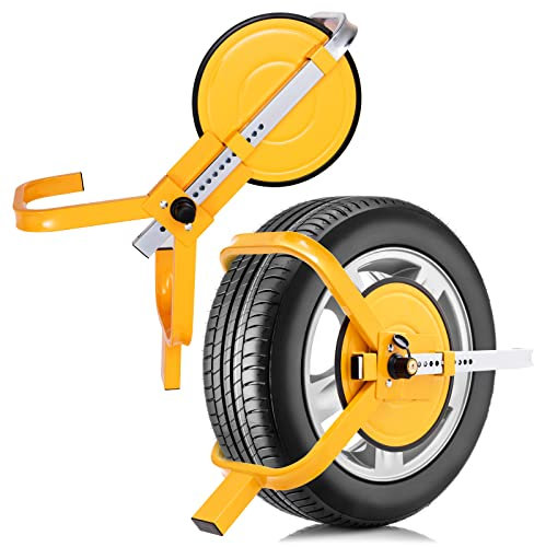 GYMAX Cepo Antirrobo Rueda Coche, Universal Ajustable Menos de 22 cm, con 2 Llaves & Ventosa, Llamativo Color Amarillo, Abrazadera Antirrobo para Coches, Caravanas, Remolques