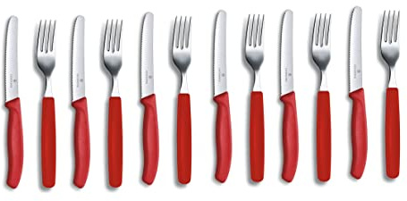 Victorinox 12-tlg. Tafelmesser - Tomatenmesser Besteck Set Swiss Classic mit Wellenschliff rostfrei - Swiss Made - Rot