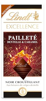 Lindt Tablette EXCELLENCE Chocolat Noir Pailleté Dentelle Caramel 100g | Chocolat Noir • Crêpe Dentelle • Caramel • Croustillant • Pailleté • Moment de plaisir • Savoir-faire Lindt.