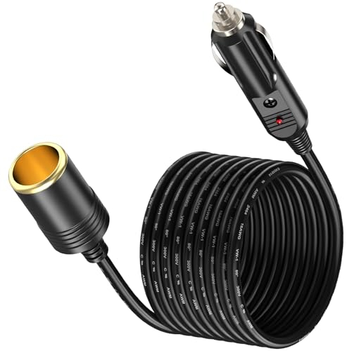 Amacam Rallonge de chargeur de voiture 12 V/24 V - Câble robuste de 6 m avec prise allume-cigare - Convient pour gonfleur de pneu, aspirateur et équipements portables