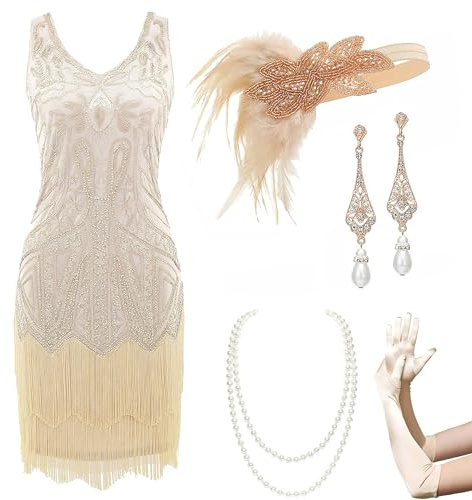 BABEYOND 1920s Women's Flapper Dress with Short Sleeves Gatsby Theme Party Women's Costume Dress Set - BeigeXM