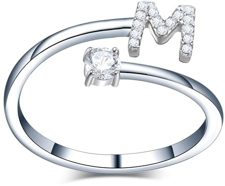 Only faith Anillos de letras iniciales Brillantes Zirconia cúbica Incrustada con acero inoxidable ajustable, Anillos abiertos de letras para mujer, joyería de moda circonita (M - PLATEADO)