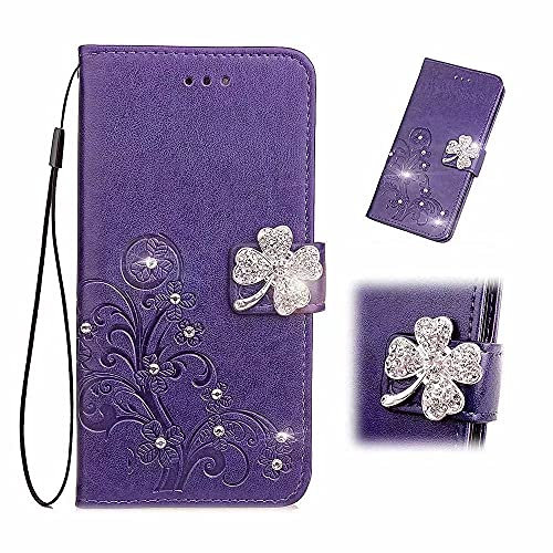 Handyhülle für Xiaomi 14 Hülle Glitzer Case Cover Leder Tasche Strass Blume Flipcase Schutzhülle Handytasche Skin Ständer Klapphülle Schale Bumper für Xiaomi 14 lila