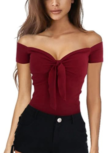 EMOTTOS Y2K Crop Top Femmes, Cropped Top Épaule Courte Col en V Manches Courtes Tshirt Tee Shirt Femmes Cropped Tops Basic Tee, Rouge S