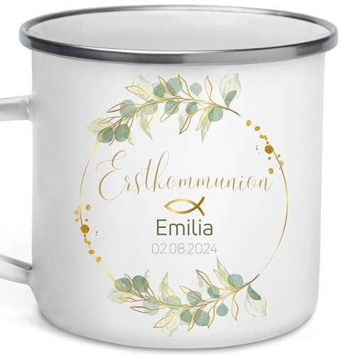 Personalisierte Tasse für Erstkommunion mit Namen und Datum der Kommunion, Geschenk zur Kommunion für Mädchen und Jungen, Erste heilige Kommunion Blumenkranz, Geschenktasse
