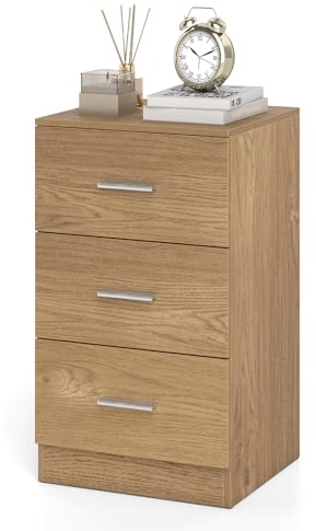 COSTWAY Nachttisch mit 3 Schubladen, Nachtschrank für Boxspringbett, Nachtkommode, Nachtkonsole, Beistelltisch für Schlafzimmer, Wohnzimmer, 38 x 35 x 66 cm, Natur