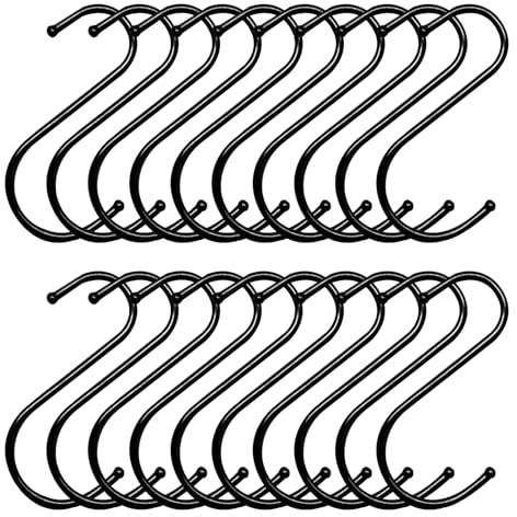 Pumuky Set di 20 ganci S in acciaio inossidabile, ganci per appendere a S, per cucina, esterno, giardino, interno, gancio a S in metallo (nero)