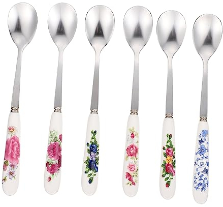 TOPBATHY 6pcs Stainless Stirrer Ceramic Handle Coffee Spoon Ice Spoon for Dessert Honey Use for Home Cafes and Parties
