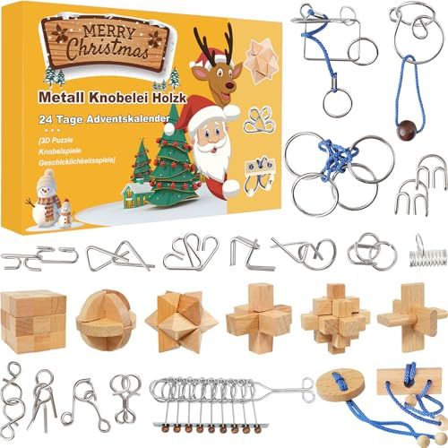 Adventskalender 2025 Knobelspiele für Erwachsene & Kinder, 24 Tage von Geschenk Weihnachten mit Metall Knobelei und 3D Holz, 3D Puzzle Geschicklichkeitsspiele für Jungen, Mädchen, Jugendliche