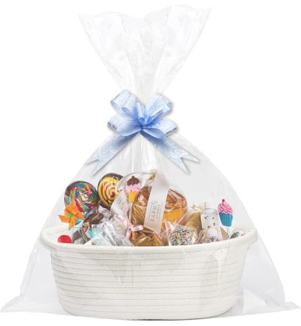 Gift Basket Hamper Kit Empty White Hamper Basket with Handle | Matching with Cellophane Bags Ribbon Pull Bows Set, for Christmas, Baby Shower, Wedding, Birthday Gift Storage