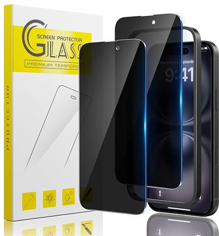 Guretok 2 Pezzi Pellicola Privacy per iPhone 16 Vetro Temperato con Strumento Installazione 6,1 Pollici, Protettiva Anti-Spy Film per iPhone 16 [Durezza 9H][Vero 28°]