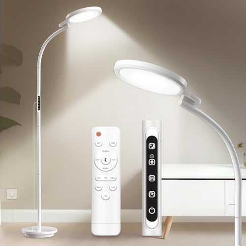 Trayvespace SAD Light Therapy Floor Lamp, 10000 Lux UV-Free Daylight Lamp, 18W Standing Sun Lamp with Remote Control, Touch Dimmable, 5 Colour Temperatures, Timer for Bedroom Home Office (White)