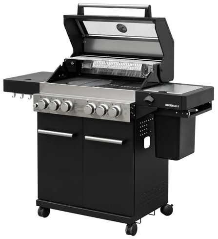 Feuergott Gasgrill Hektor 4B-S inkl. Drehspieß und Abdeckhaube mit 4 Brennern, Sear-Brenner, Gusseisen-Grillrost, Heckbrenner, Seitenkocher, Sichtfenster und Thermometer für Garten und Terrasse