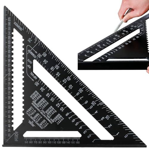 Luabue Speed Square 12 Inch Rafter Square Metric, Aluminum Carpenters Roofing Squares Metric Woodwork Squares, Triangle Ruler Protractor for Angle Measuring Marking (Black)