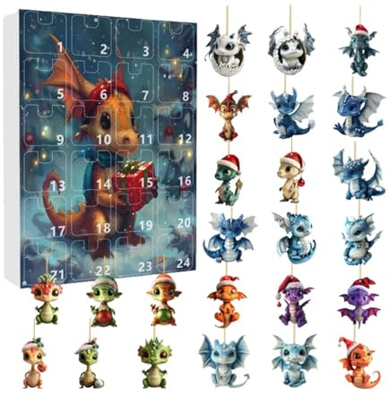 Calendrier De L'Avent De Noël Dragon 2024, Dragon Calendrier Du Compte À Rebours De Noël, Calendrier De L’Avent De Noël En Acrylique Plat 2D Dragon, Ornements Dragon Décorations D'arbre Noël