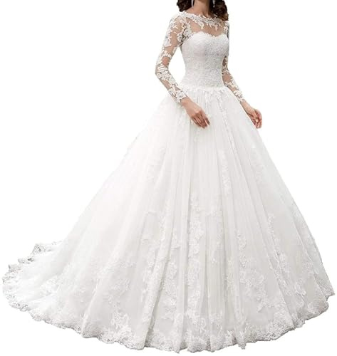 HUINI Brautkleid Langarm Hochzeitskleid A-Linie Prinzessin Spitze Tüll Strand Brautmode Kleid 2025 Weiß 48