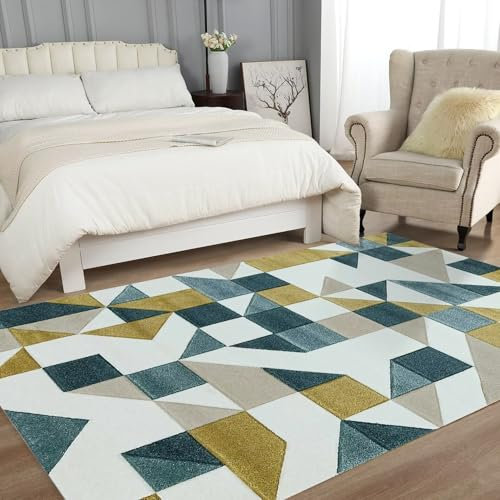 RUGMRZ Großer Teppich Für Draußen Gelb Blau Geometrisches Design Jugendzimmer Modern Anpassbar Webteppich Teppichmatte 90X190cm