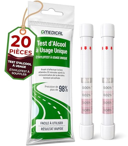 Éthylotest Jetable 20 Pièces – Test Alcool Soufflé Résultat 2 Minutes | Éthylomètre portable homologué – Échelle colorimétrique 0,2 0,5 0,8 pour mille – Embout hygiénique – Poche voiture soirée