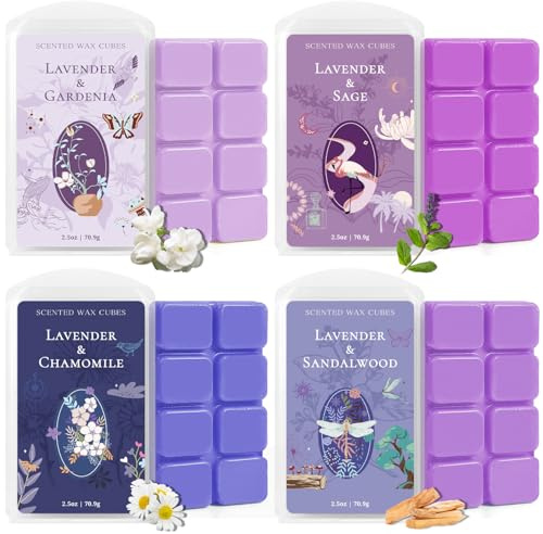 SCENTORINI Doftvax för doftlampa, lavendel doftvaxkuber, sojavaxvaxvax för ljus värmare, 4 x 70,9 g, sandelträ, salvia, kamomill, jasmin dofter